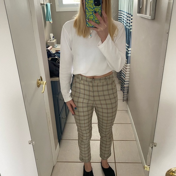 Plaid pants, size S, tan with brown and blue, clasp - Picture 1 of 4